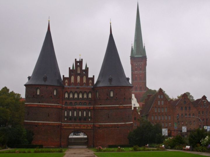 Holsten Gate and Petri Church in Lübeck